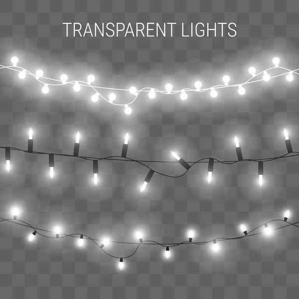 Luces de Navidad. Guirnalda brillante sobre fondo transparente — Vector de stock