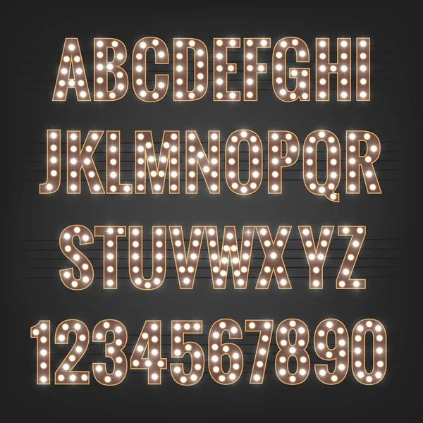 Font. Typeface with light bulbs. Shiny letters and numbers — Stock Vector