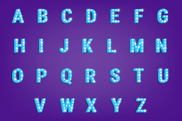 Font. Typeface with glowing lights . Shiny letters