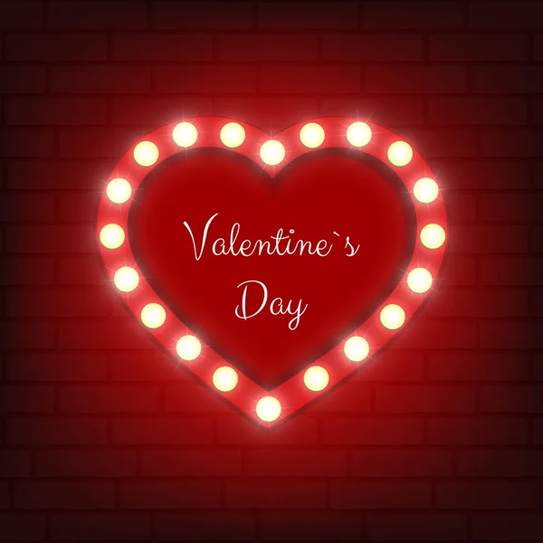 Dia dos Namorados cartão de saudação com lâmpadas brilhantes sinal do coração — Vetor de Stock