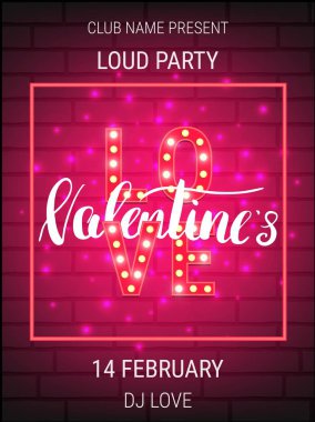 Sevgililer günü parti poster şablonu parlak yazı ve Hat sanatı ile