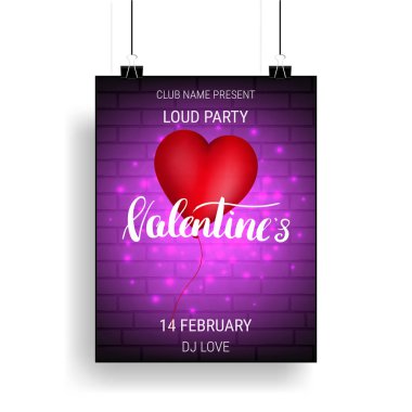 Sevgililer günü parti poster şablonu parlak balon ve Hat sanatı ile