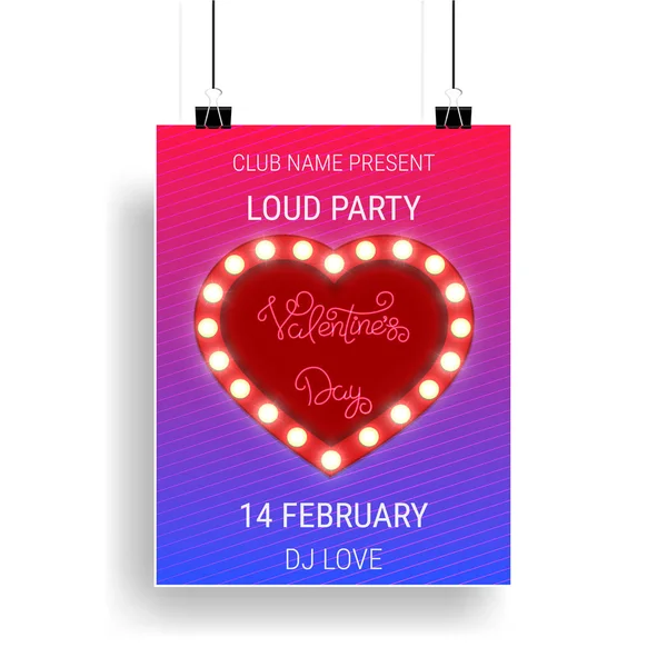 Modèle d'affiche de fête Saint-Valentin avec cœur brillant et calligraphie — Image vectorielle