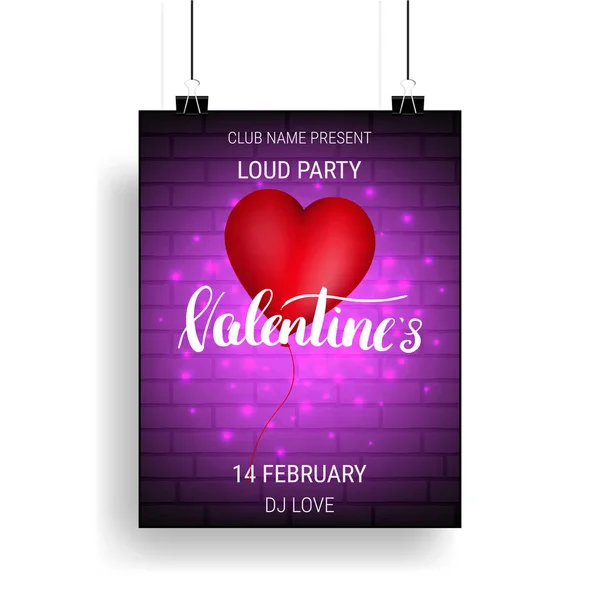 Modèle d'affiche de fête de Saint-Valentin avec ballon brillant et calligraphie — Image vectorielle