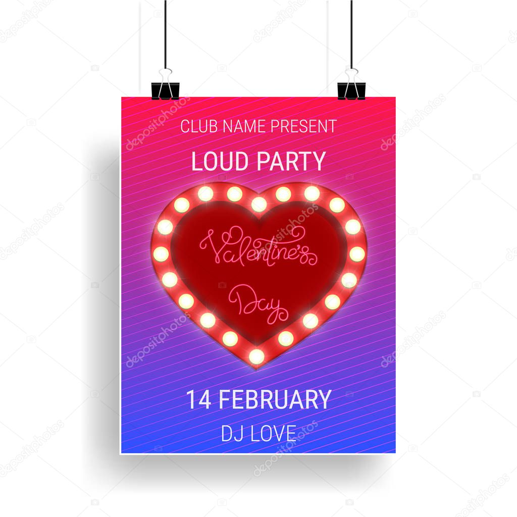 Valentines Day party poster template with shiny heart and calligraphy