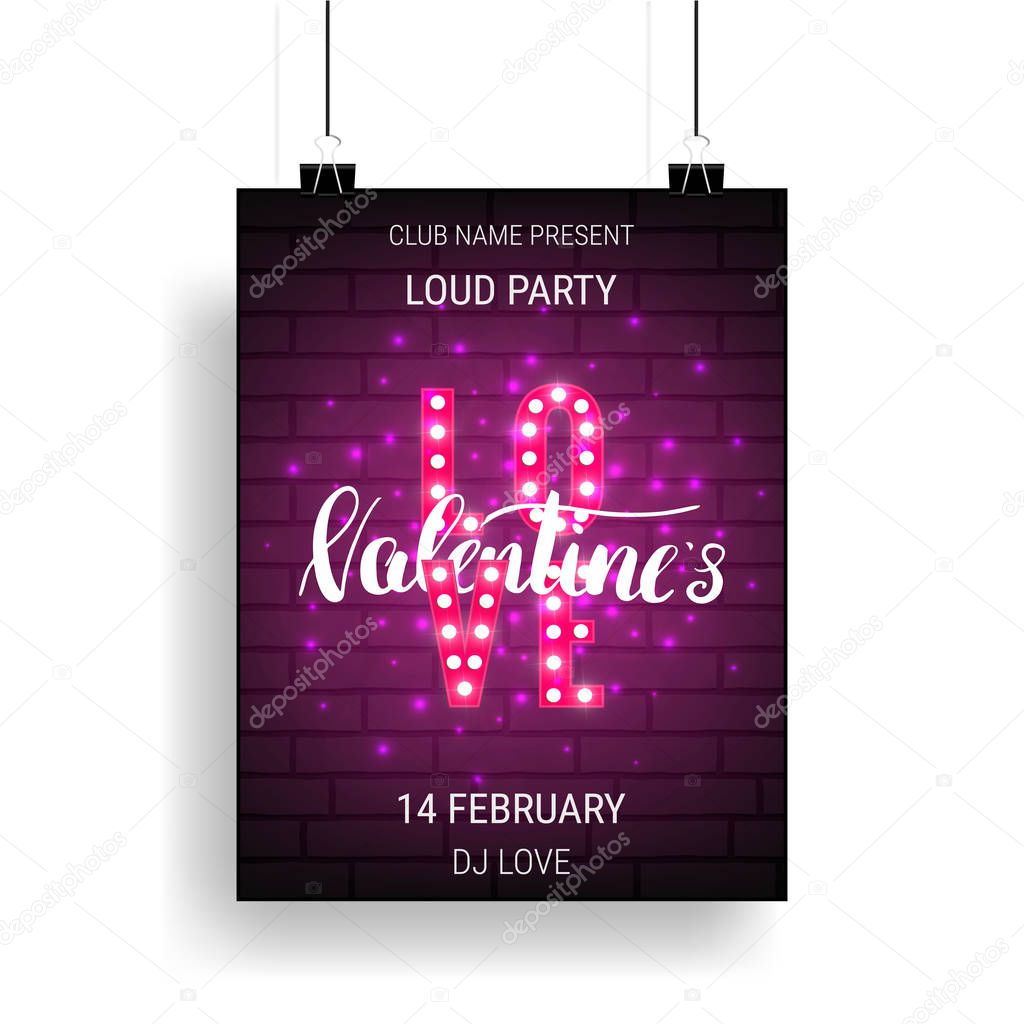 Valentines Day party poster template with shiny lettering and calligraphy