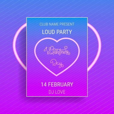 Sevgililer günü partisi poster parlak neon florasan kalp ve Hat sanatı ile.
