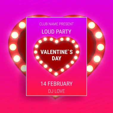Sevgililer günü partisi poster ile parlak ışık floresan kalp ve tipografi.