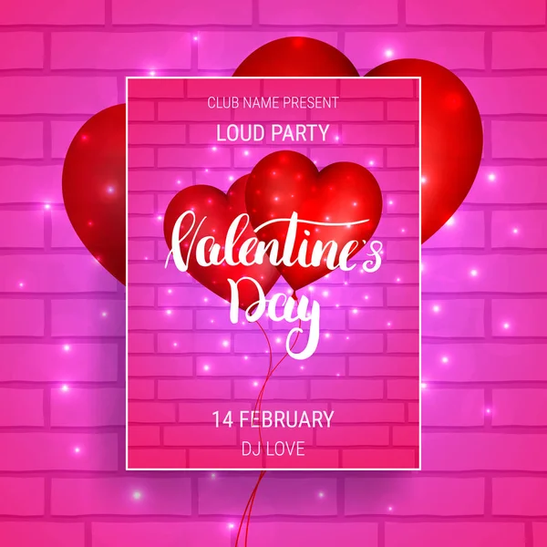 Affiche de fête de la Saint-Valentin avec ballons brillants, lumières et calligraphie . — Image vectorielle