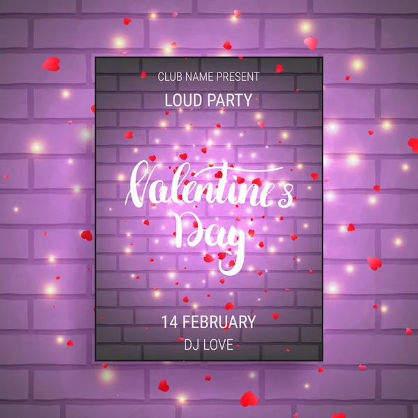 Affiche de fête Saint-Valentin avec lumières brillantes, pétales de coeur et calligraphie . — Image vectorielle