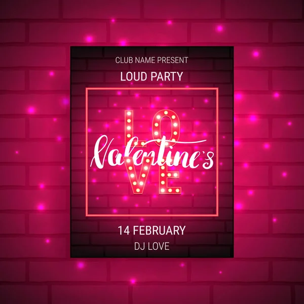 Affiche de fête de la Saint-Valentin avec lumières brillantes et calligraphie . — Image vectorielle