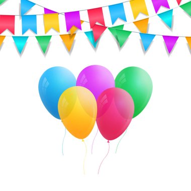 Tatil dekorasyon. Renkli balonlar ve kiraz kuşu çelenk. İzole gerçekçi tatil balonlar.