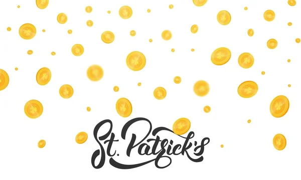 St. Patricks Day. Goldmünzen mit Kleezeichen. Hintergrund mit Münzen und St. Patricks Schriftzug. st. patricks day background — Stockvektor