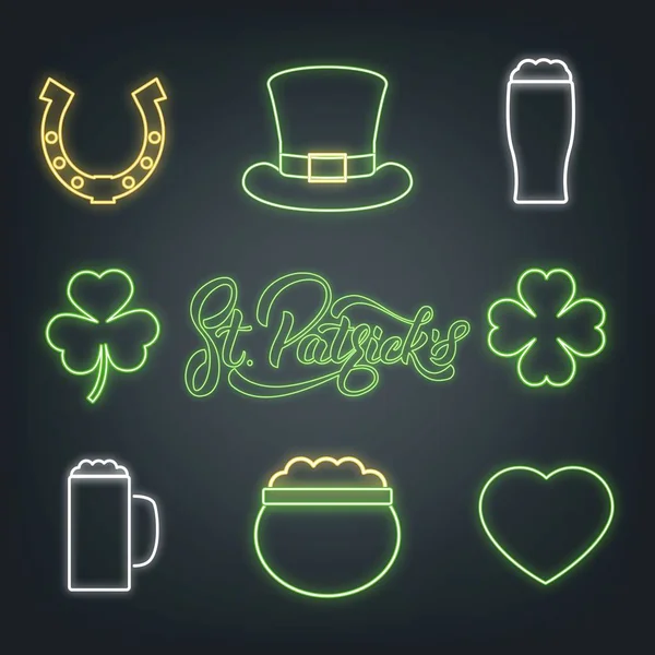 Tag des Heiligen Patricks. Set neonleuchtender Designelemente. saint patrick neon set — Stockvektor