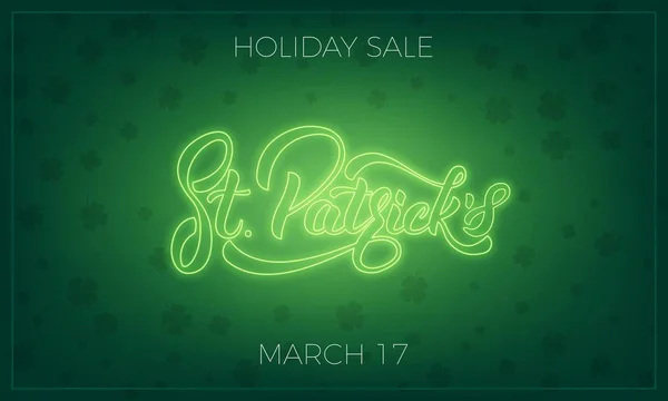 Saint Patricks Day. Afiş tasarım düzen neon St. Patricks yazı ve yonca yaprağı arka plan ile. Patrick Day Satılık