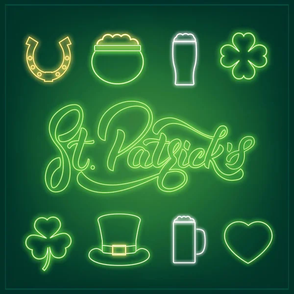 Dia de São Patricks. Conjunto de ícones de néon e letras de St. Patricks. Patrick Day elementos de design — Vetor de Stock