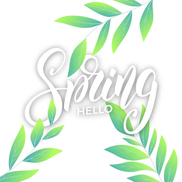 Primavera. Fundo com letras de script Primavera e folhas frescas — Vetor de Stock