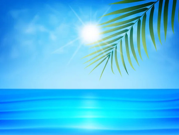 Playa tropical con hojas de palma, agua del océano, nubes y sol. Fondo exótico de verano — Vector de stock