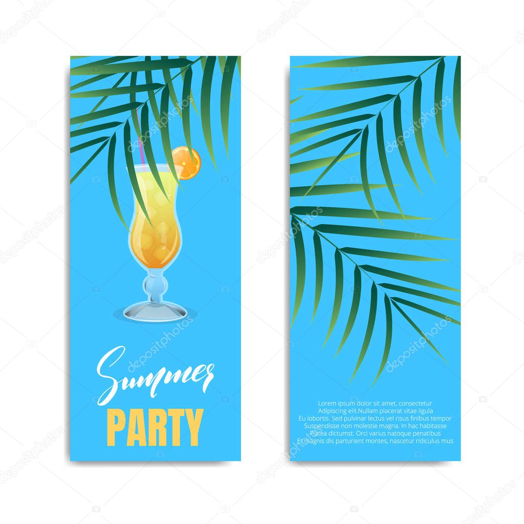 Summer party. Flyer or invitation design for Summer party. Card with cocktail, palms and lettering