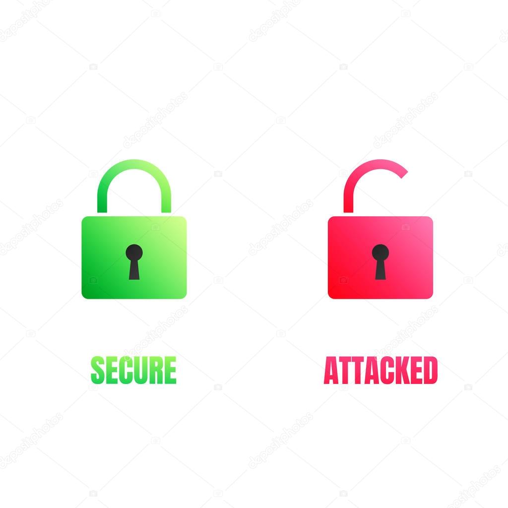 Cyber security lock icons. Computer security signs for secure and cyber attacked data