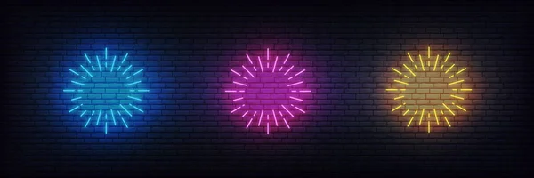 Neon vuurwerk ontploft. Set van gloeiende neon vuurwerk borden — Stockvector