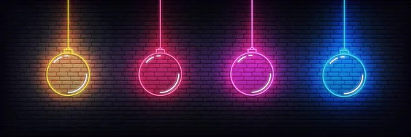 Weihnachtskugel-Neon-Ikonen. Set von realistischen bunten Weihnachtsdekorationen glühendes Zeichen — Stockvektor