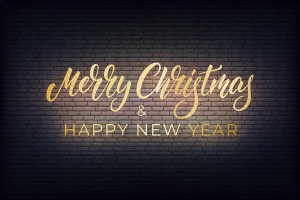 Feliz Navidad y Feliz Año Nuevo. Navidad y Año Nuevo brillante diseño brillante de neón oro — Vector de stock