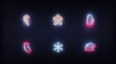 Noel neon ikonları. Xmas ve Yeni Yıl için parlak neon renkli vektör sembolleri
