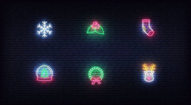 Noel neon ikonları. Xmas ve Yeni Yıl için parlak neon renkli vektör sembolleri