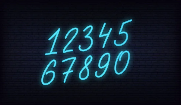 Conjunto de caracteres numéricos de néon. Números de letras de mão de néon brilhante em um conjunto — Vetor de Stock