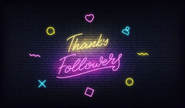 Díky Follows neon.Social media template followers milník. Neonový design blahopřání — Stockový vektor