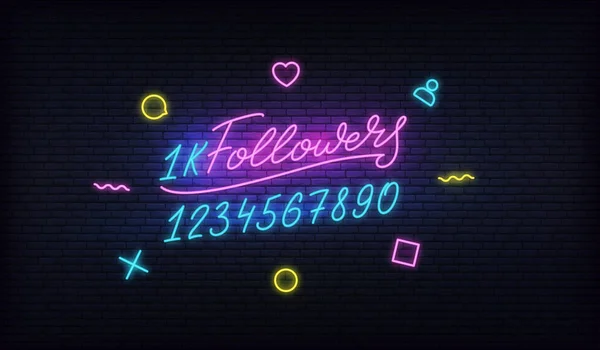 Seguidores neon.Social media plantilla seguidores hito. Tarjeta de felicitación con números de letras — Vector de stock