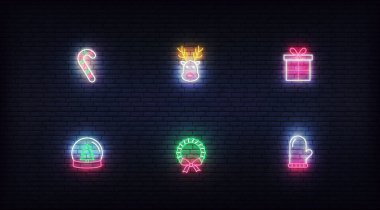 Noel neon ikonları. Xmas ve Yeni Yıl için parlak neon renkli vektör sembolleri