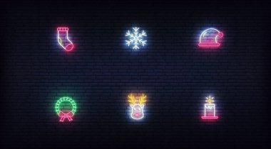 Noel neon ikonları. Xmas ve Yeni Yıl için parlak neon renkli vektör sembolleri