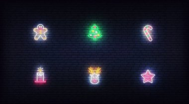 Noel neon ikonları. Xmas ve Yeni Yıl için parlak neon renkli vektör sembolleri
