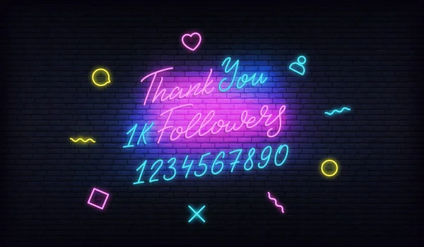 Gracias Seguidores neon.Social media plantilla seguidores hito. Tarjeta de felicitación con números — Archivo Imágenes Vectoriales