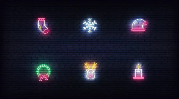 Ícones de néon de Natal. Vetor brilhante neon símbolos coloridos para Natal e Ano Novo — Vetor de Stock