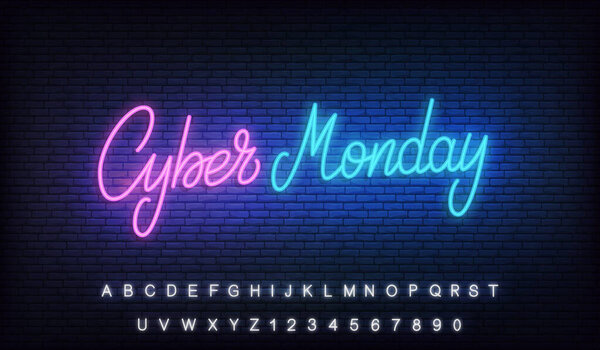 Cyber Monday neon. Glowing lettering sign for online sale discount promotion