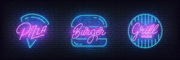 Fast food Pizza, Burger ve Izgara neon işareti. Bar, kafe, restoran için parlayan gıda harfleri etiketleri