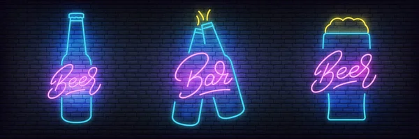 Bira neon seti. Bar, pub, restoran, kulüp için parlayan bira işaretleri