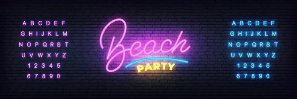 Beach party neon sign. Neon lettering template Beach party for summer dance club promotion — Stock Vector