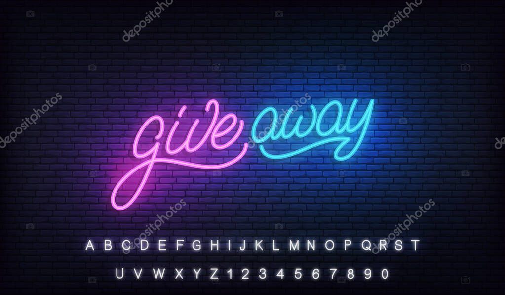 Giveaway neon sign. Glowing lettering billboard design for social media marketing give away.