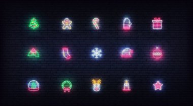 Noel neon ikonları. Xmas ve Yeni Yıl için parlayan neon simgeleri dizaynı