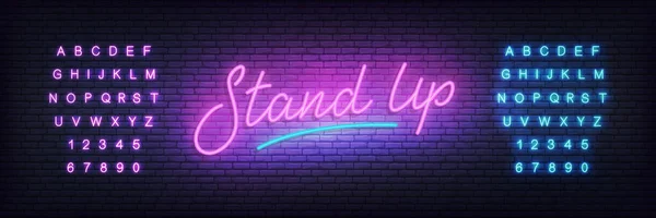 Levante-se néon. Lettering neon brilhante sinal para stand up show de comédia — Vetor de Stock