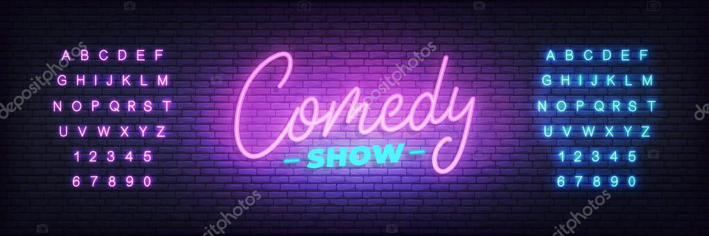 Comedy show neon. Lettering neon glowing sign for Comedy show.