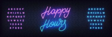 Mutlu saatler neon vektör yazı. Kafe, bar, restoran reklamı için parlayan gece parlak işareti
