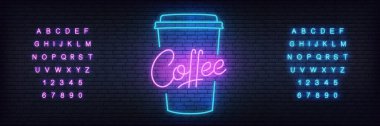 Kahve neon şablonu. Kafe için parlayan yazı kahve işareti