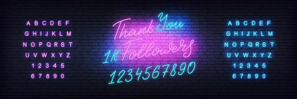 Seguidores Gracias neon.Social media plantilla seguidores hito. Diseño de felicitación — Vector de stock