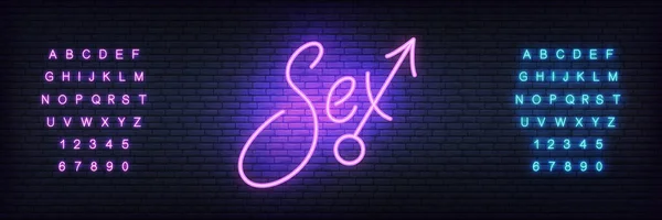 Sinal de néon sexual. Sinal de vetor de lettering brilhante de noite brilhante para publicidade de loja de sexo adulto — Vetor de Stock