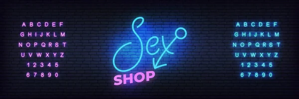 Seks dükkanı neon işareti. Yetişkin seks dükkanı reklam için parlayan gece parlak yazı vektör işareti